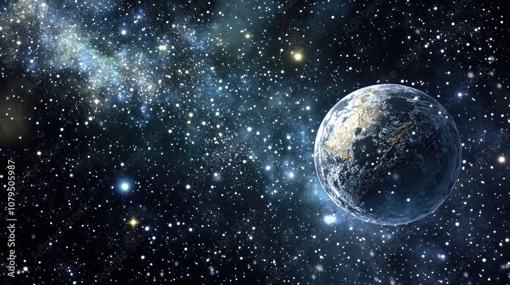 Poster 3d cartoon rendering showcasing stars of a planet and galaxy in vast space