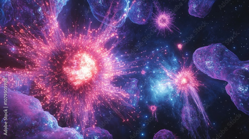 Poster Cartoon rendering in 3D of an explosion supernova a bright star nebula a distant galaxy and abstract New Year fireworks