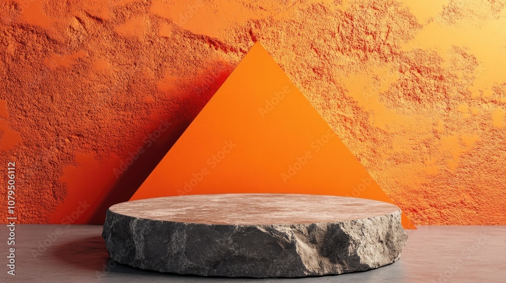 Aufkleber Rough stone pedestal against an abstract orange triangular backdrop Blank showcase mockup featuring an empty circular platform Geometric background for product advertising display with ample copy