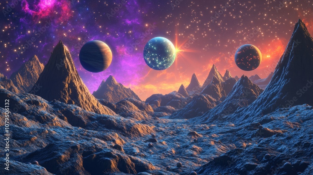 Aufkleber 3D illustration of a lost Exo Planet in another galaxy created in a cartoon rendering style