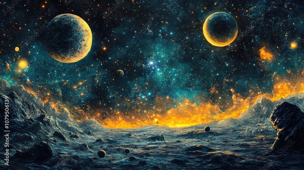 Aufkleber 2d illustration in a 3d cartoon rendering style featuring deep interstellar space with stars planets