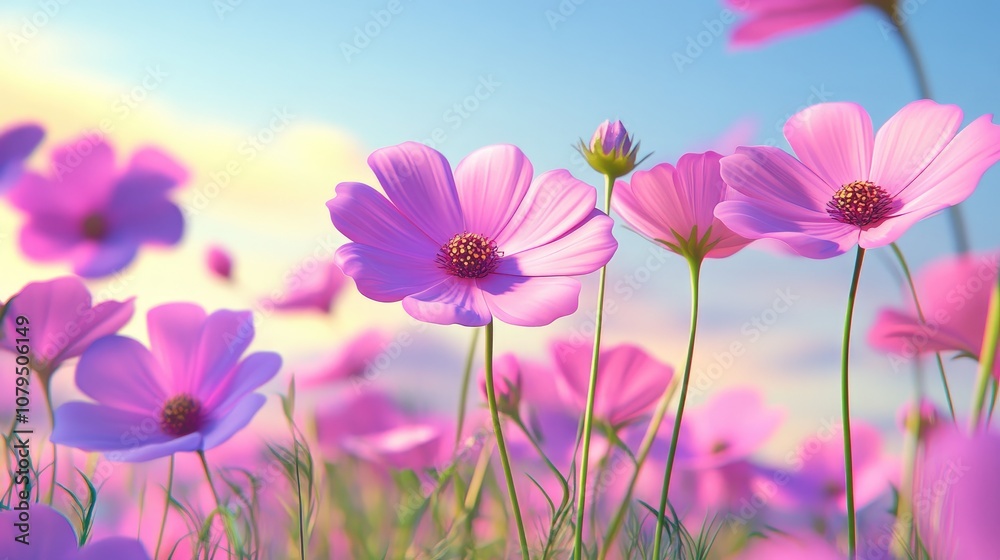 Poster Blooming cosmos flowers in motion blur with gradient filter effect depicted in 3D cartoon rendering