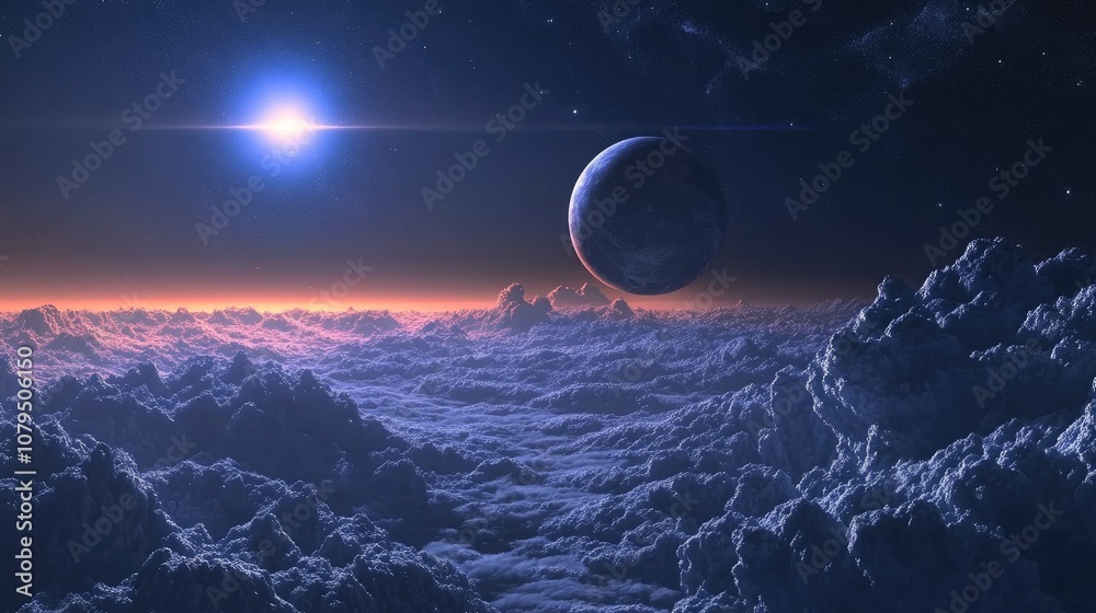 Poster beautiful alien planet with a cloudy atmosphere illuminated by a star presented in 3d cartoon render