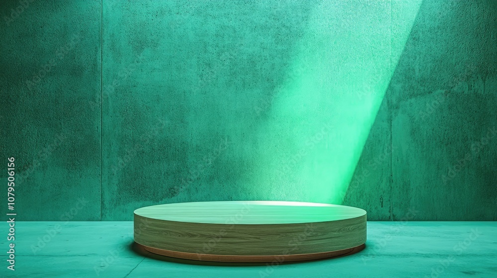 Poster neon green 3d rendering of a minimalistic wooden display podium on a textured concrete geometric bac