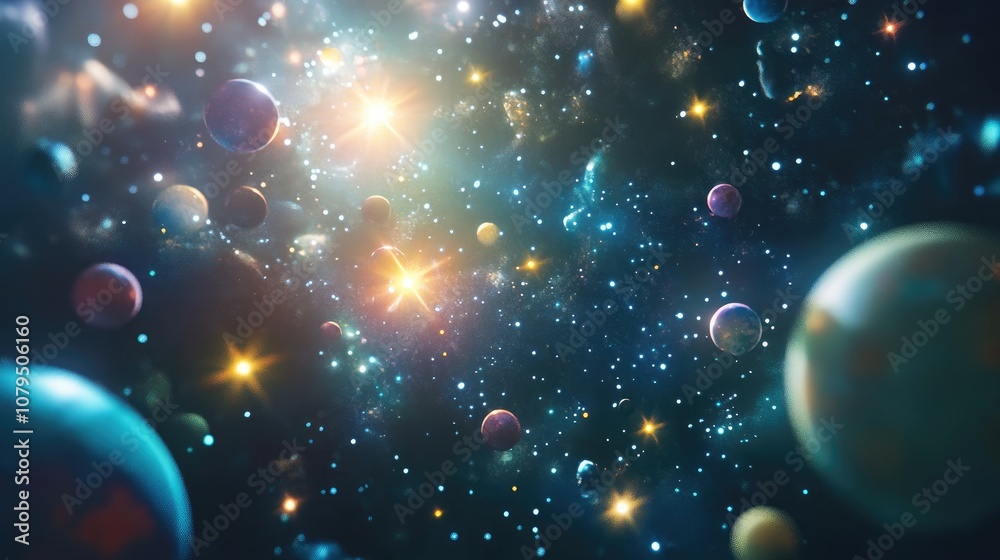 Poster 2D illustration featuring a 3D cartoon rendering with a realistic star pattern background set in deep interstellar space Brightly flashing stars planets and moons create various imaginative scienc
