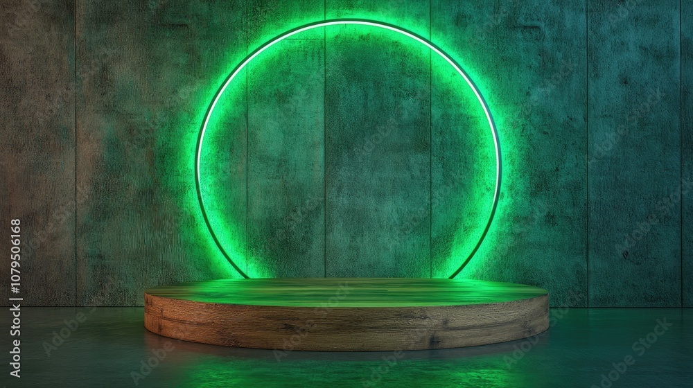 Poster neon green 3d rendering of a minimalistic wooden display podium on a textured concrete geometric bac
