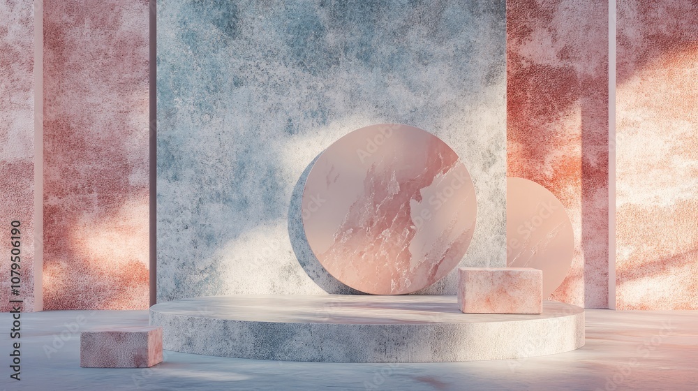 Leinwandbilder minimalistic setup featuring a podium and an abstract backdrop geometric shapes in pastel hues 3d re