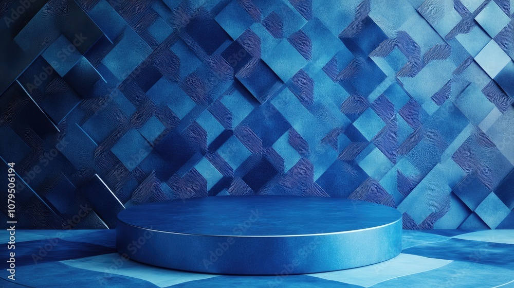 Poster blue glossy podium on a patterned blue background empty round stage mockup for product display abstr