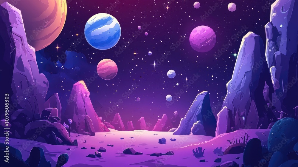 Aufkleber 2D illustration in a 3D cartoon rendering style featuring a deep vast space with stars planets and moons A variety of imaginative science fiction backdrops and alien solar systems create a realist