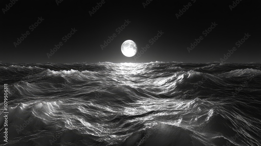 Poster Moonlight reflecting on waves at night with a beautiful landscape captured in a long exposure black and white image featuring a 3D cartoon rendering of the sea horizon