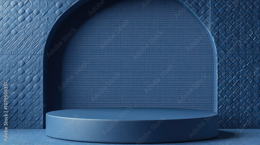 Aufkleber Blue glossy podium on a patterned blue background Empty round stage mockup for product display Abstract geometric backdrop with available space for advertising 3D render