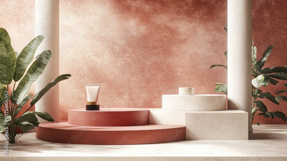Poster 3d rendering of a minimalist backdrop for cream cosmetics featuring a contemporary red podium