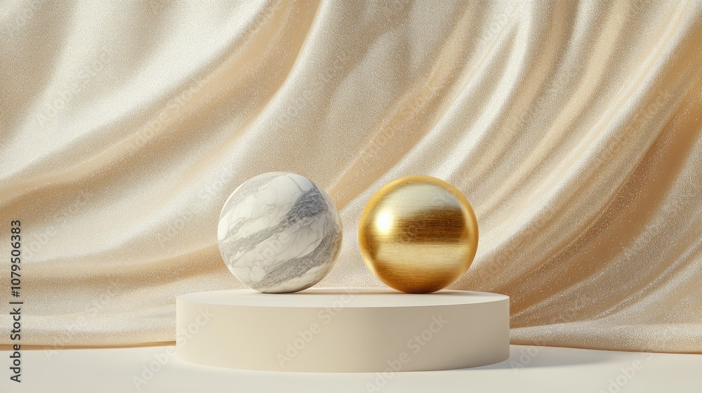 Aufkleber 3d rendering of a display podium featuring a marble sphere and a golden sphere against a soft backgr
