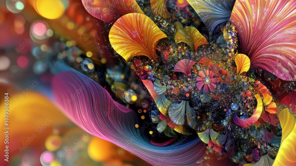 Poster vibrant and chaotic abstract fractal pattern colorful 3d rendered shapes creating a dynamic illustra