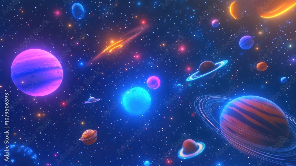 Poster 3d cartoon representation showcasing planets stars and galaxies in outer space illustrating the beau