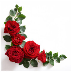 Fototapeta premium Fresh Red Rose flower garland foliage on side position provides copy space for text. background concept isolated white