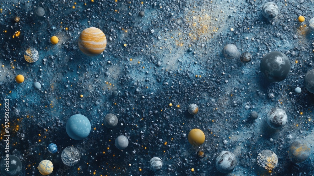 Aufkleber 2D illustration featuring a 3D cartoon rendering of vast deep space showcasing stars planets moons and various creative science fiction backdrops including alien solar systems with a realistic bac
