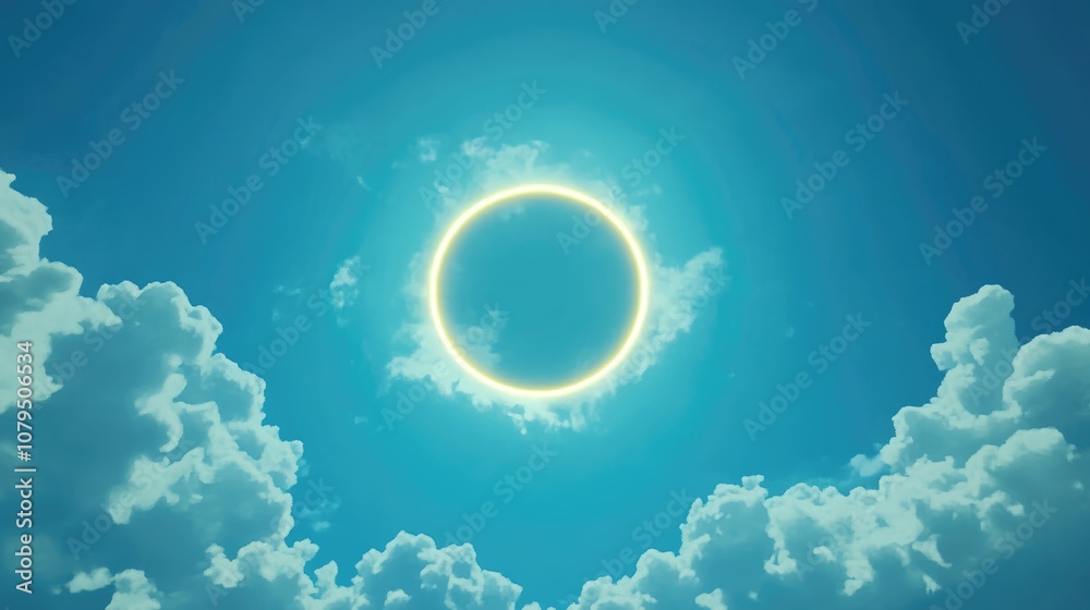 Aufkleber cartoon rendering in 3d of a sun with a ring against a blue sky and the corona