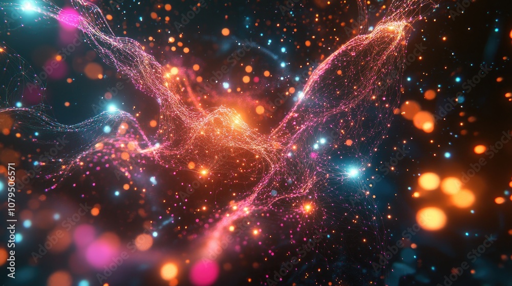 Poster 3D rendering of an abstract structure featuring interconnected dots A vibrant technological backdrop composed of glowing threads and surfaces against a dark setting
