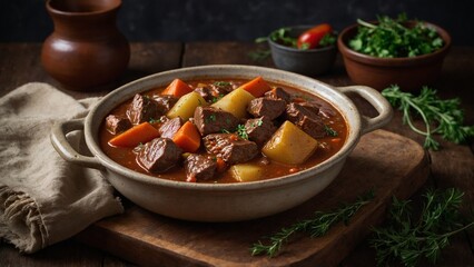 Beef stew with carrots and potatoes in a pot with herbs on a rustic table background