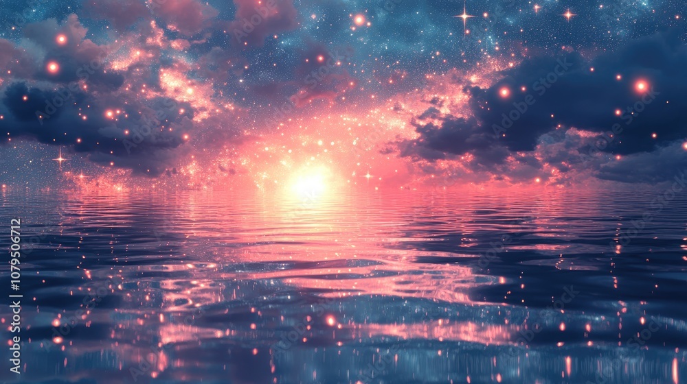 Poster Fractal image of an abstract star galaxy or constellation background border reflected in water in 3D cartoon rendering