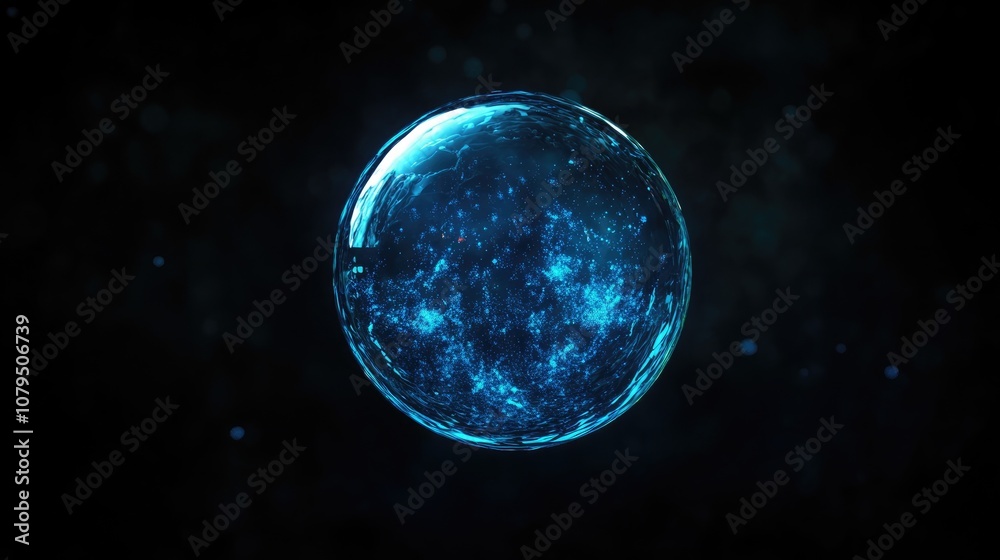 Poster Psychedelic abstract blue planet disintegrating in the darkness of the universe in a 3D cartoon rendering Close up of a soap bubble against a dark background