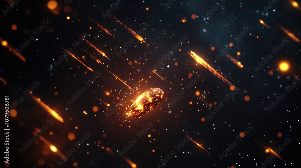 Aufkleber falling meteorites in a 3d cartoon rendering against a dark background featuring glowing meteors and