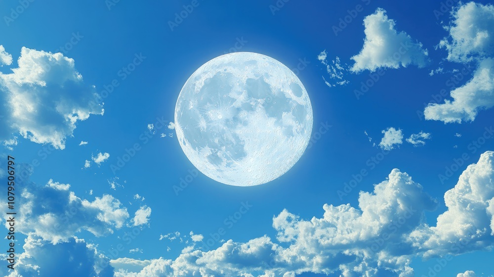 Poster Cartoon rendering of the moon in 3D during daylight