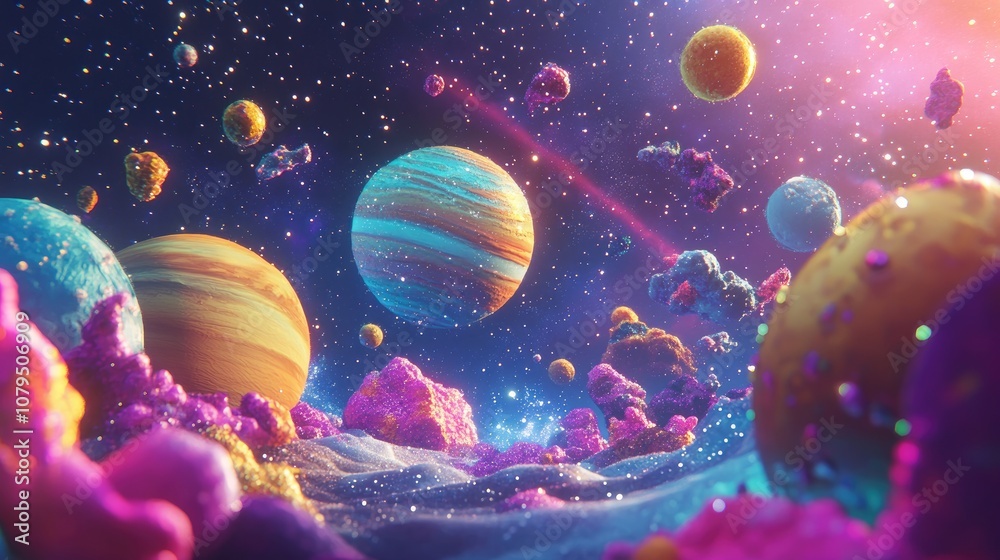 Poster Cartoon rendering in 3D of galaxies stars and planets in outer space displaying the wonders of space exploration