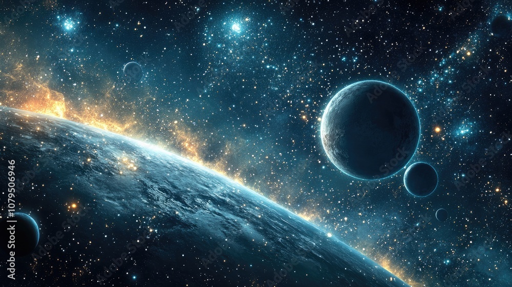 Aufkleber 2D illustration with a 3D cartoon rendering style A realistic background featuring a star pattern in deep interstellar space Brightly flashing stars planets and moons create various imaginative sc