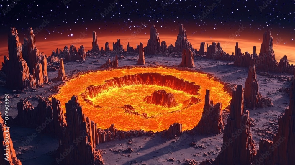 Poster cartoon rendering in 3d of a cut out planet composed of lava featuring orange rock formations suitab