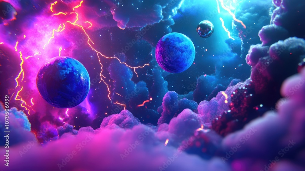 Poster Abstract space with lightning in a 3D cartoon rendering