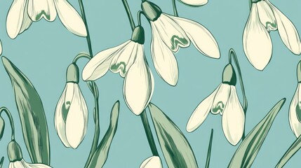 Hand drawn seamless pattern featuring delicate snowdrop flowers perfect for textile design and nature themed decorations