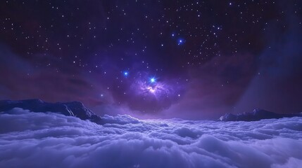 Naklejka premium Winter night sky featuring a 3D cartoon rendering of the purple Orion nebula and the bright blue Rigel star diffused through clouds captured in a long exposure photo
