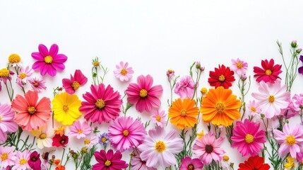 Vibrant summer millefleur floral banner featuring a bright flower bed in neon hues against a white background with pink accents