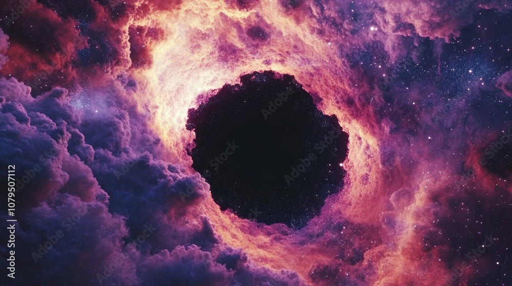 Poster 3d illustration featuring a black hole surrounded by colorful stars and cloud fields showcasing a ne