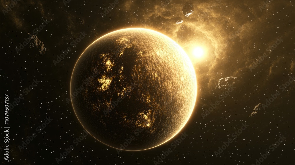 Poster Beautiful alien planet with a cloudy atmosphere illuminated by a star presented in 3D cartoon rendering habitable exoplanet