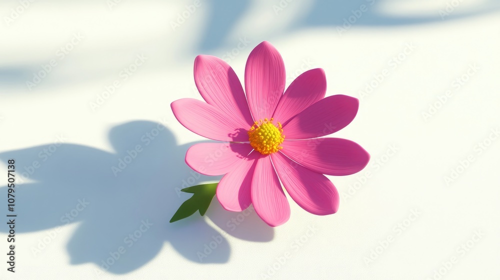 Aufkleber Detail of shadow on a white background featuring a pink cosmos flower in 3D cartoon rendering creative style