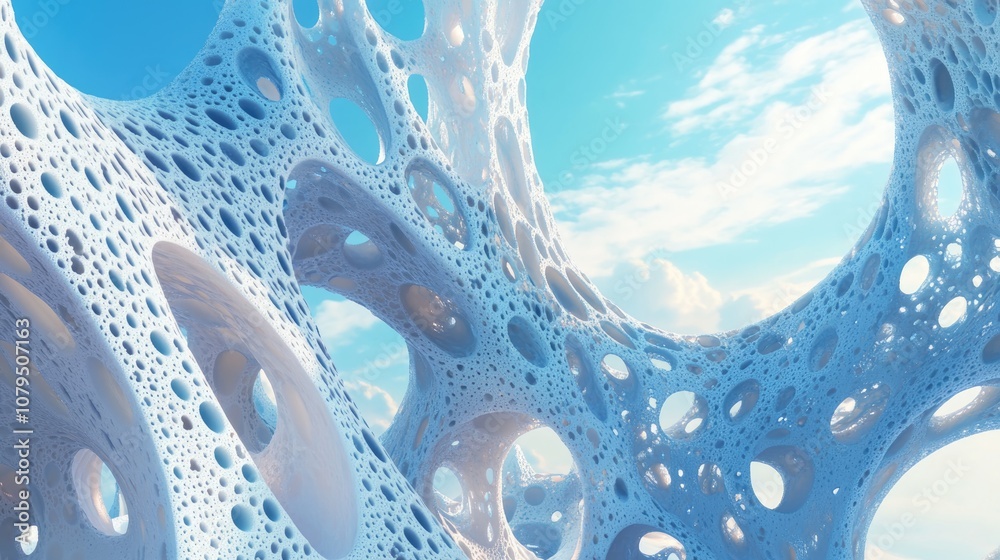 Poster abstract three dimensional fractal resembling an unusual alien structure set against a backdrop of a