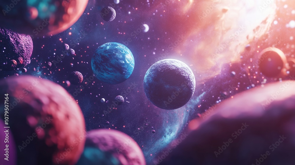 Poster planets stars and galaxies in outer space beautifully depicted in a 3d cartoon rendering highlightin