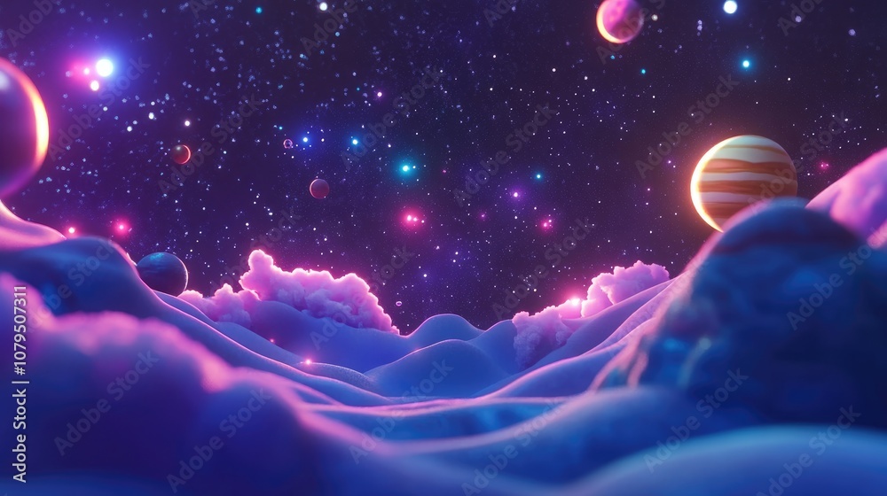Aufkleber 3d cartoon rendering showcasing stars of a planet and galaxy in vast space