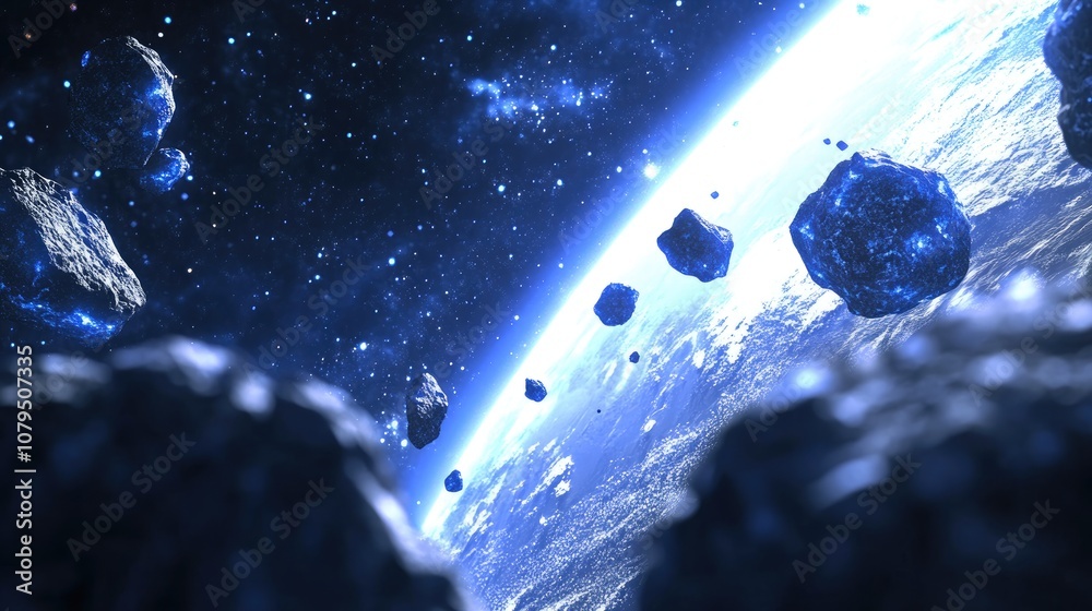 Poster 3d depiction of blue asteroids in space with earth in the background
