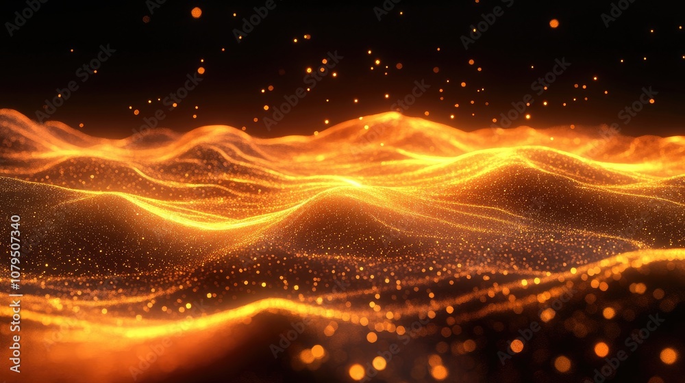 Poster futuristic magical glowing bright yellow and orange energy cosmic dust with wave lines in a 3d carto
