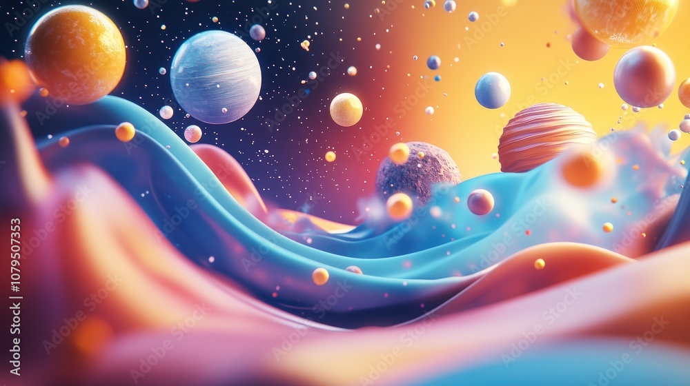 Poster Abstract background in a 3D cartoon rendering featuring shiny futuristic shapes wave illustrations and an explosion of stars alongside planets in a distant solar system