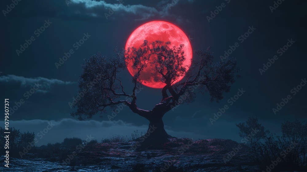 Aufkleber lonely tree with a bloody moon in a 3d cartoon rendering