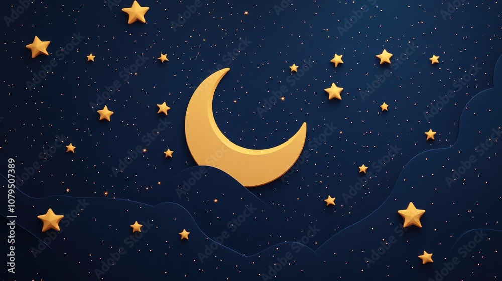 Poster night scene with moon and stars in 3d cartoon rendering featuring a flat color icon realistic illust