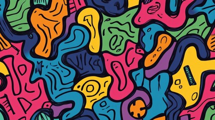 Colorful doodle pattern featuring playful scribbles and curves ideal for creative backgrounds and festive occasions