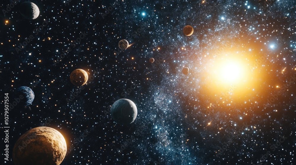 Leinwandbilder 2d illustration featuring a 3d cartoon rendering of a vast deep space scene bright stars planets and