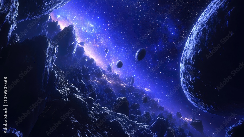 Poster 2D illustration featuring a 3D cartoon rendering of a vibrant space background It includes a deep expansive cosmos with stars planets and moons showcasing various creative science fiction settings