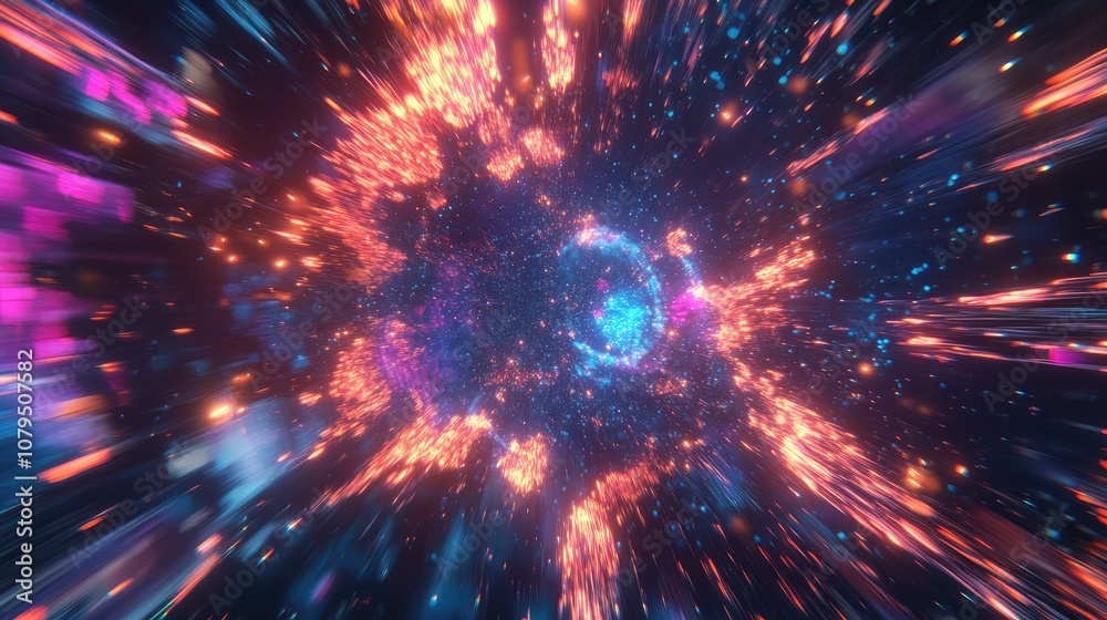 Aufkleber Colorful abstract radiant flash in a 3D cartoon rendering depicting an explosion and hyper acceleration race for speed in a futuristic outer space setting